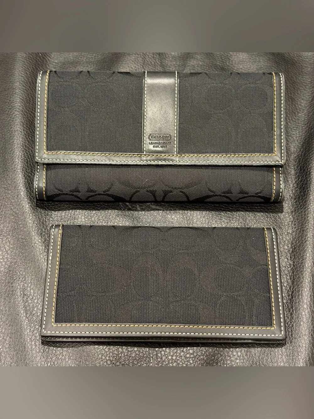 Coach Black Signature Jacquard Leather Trim Long Trifold Wallet & Checkbook y2k